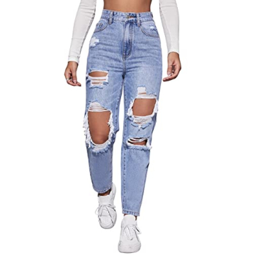 MakeMeChic Women's High Waist Straight Leg Ripped Jeans - Light Wash Distressed Denim