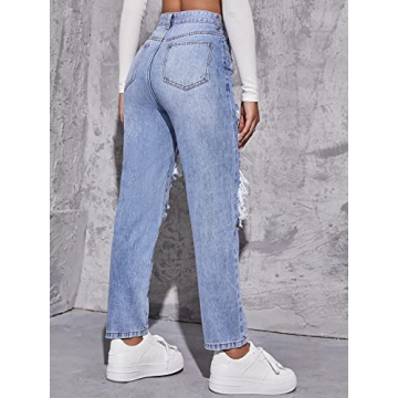 MakeMeChic High Waist Ripped Jeans Women Light Wash Denim
