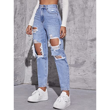MakeMeChic High Waist Ripped Jeans Women Light Wash Denim