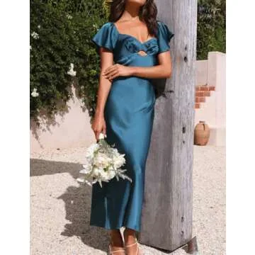 Summer Satin Flutter Sleeve Wedding Guest Dresses for Women Sweetheart Neckline Cutout Tie Back Midi Cocktail Dress Teal