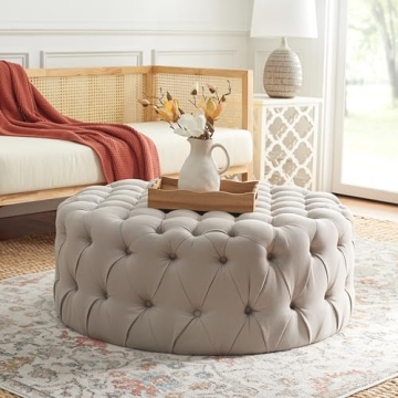 SAFAVIEH Mercer Taupe Tufted Ottoman - Stylish Durable Furniture