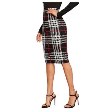 Floerns Women's Plaid Print High Waist Knee Length Bodycon Pencil Skirt A Black Red S