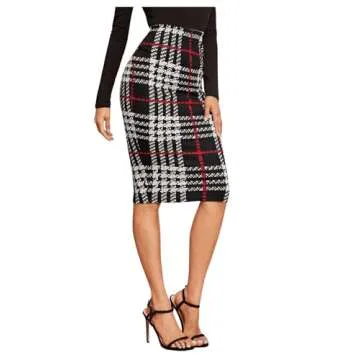 Floerns Women's Plaid Print High Waist Knee Length Bodycon Pencil Skirt A Black Red S