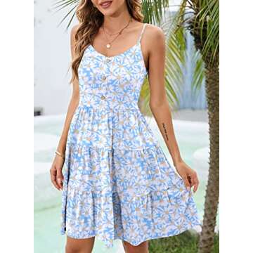 YATHON 2024 Womens Casual Summer Tiered Knee Length Dress Spaghetti Strap V-Neck Floral Cotton Ruffle Babydoll Dress Boho Sundress(YT140-Blue W Daisy,S)