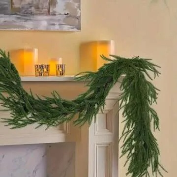 6Ft Christmas Norfolk Garland, Dense Norfolk Pine Realistic Garland, Single Fork Norfolk Natural Garland Artificial Garland for Christmas Table Fireplace Wall Home Decoration