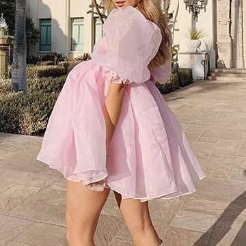 Women's Puff Sleeve Tulle Princess Dress Solid Color Summer Ruffle Mesh Party Prom Mini Dress (Pink, Medium)