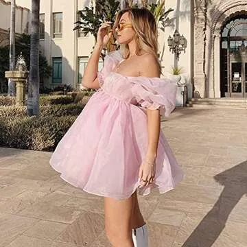 Women's Puff Sleeve Tulle Princess Dress Solid Color Summer Ruffle Mesh Party Prom Mini Dress (Pink, Medium)