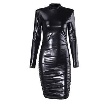GUXMO Womens Bodycon Long Sleeve Dresses Glitter Sexy Ruched Mini Dress with Shoulder Pads Party Club Night Outfit Black