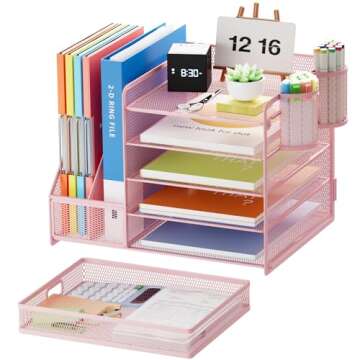 Marbrasse Desk Organizer with File Holder, 5-Tier Paper Letter Tray Organizer with Drawer and 2 Pen ...