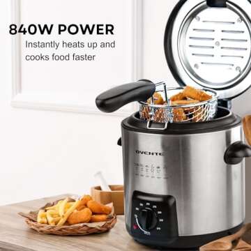 OVENTE Electric Deep Fryer 0.9 Liter Capacity, 840W Power with Locking Lid, Removable Stainless Steel Frying Basket, Adjustable Temperature Knob, Cool Touch Handles and Easy to Clean, Silver FDM1091BR