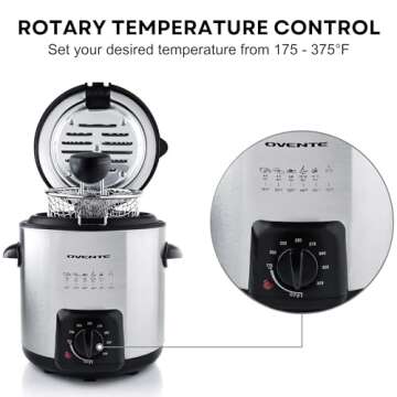 OVENTE Electric Deep Fryer 0.9 Liter Capacity, 840W Power with Locking Lid, Removable Stainless Steel Frying Basket, Adjustable Temperature Knob, Cool Touch Handles and Easy to Clean, Silver FDM1091BR