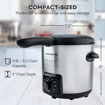 OVENTE Electric Deep Fryer 0.9 Liter Capacity, 840W Power with Locking Lid, Removable Stainless Steel Frying Basket, Adjustable Temperature Knob, Cool Touch Handles and Easy to Clean, Silver FDM1091BR