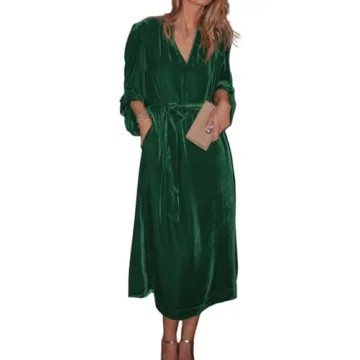 EZAPINE Women Velvet Midi Dress V Neck Lantern Sleeve Elegant Retro Formal Cocktail Evening Party Dr...