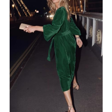 EZAPINE Velvet Midi Dress - Elegant V neck Evening Wear