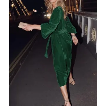 EZAPINE Velvet Midi Dress - Elegant V neck Evening Wear