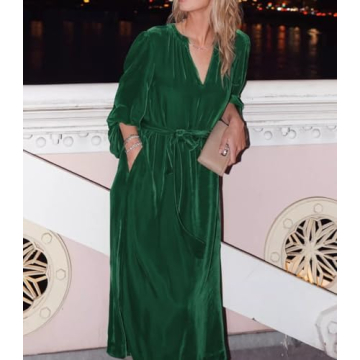 EZAPINE Velvet Midi Dress - Elegant V neck Evening Wear