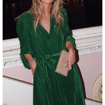 EZAPINE Velvet Midi Dress - Elegant V neck Evening Wear