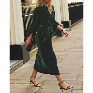 EZAPINE Velvet Midi Dress - Elegant V neck Evening Wear