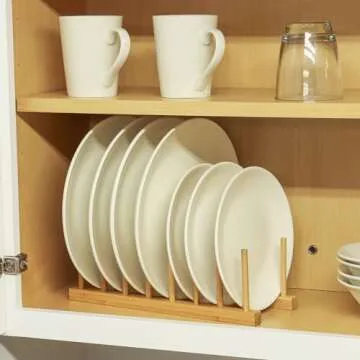 Bamboo Cutting Board Organizer - 7 Extra Wide Slots - Pot Lid Organizer For Cabinet, Pot Lid Holder, Dish Organizer for Cabinet, Plate Organizer, Pan Lid Organizer, Pan Organizer, Tupperware Organizer