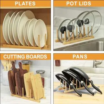 Bamboo Cutting Board Organizer - 7 Extra Wide Slots - Pot Lid Organizer For Cabinet, Pot Lid Holder, Dish Organizer for Cabinet, Plate Organizer, Pan Lid Organizer, Pan Organizer, Tupperware Organizer