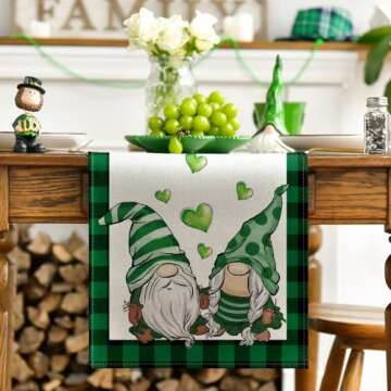 Artoid Mode Buffalo Plaid Gnomes Green Heart Shamrock St. Patrick's Day Table Runner, Seasonal Sprin...