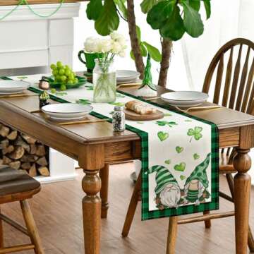 Artoid Mode Buffalo Plaid Gnomes Green Heart Shamrock St. Patrick's Day Table Runner, Seasonal Spring Holiday Kitchen Dining Table Decoration for Indoor Outdoor Home Party Decor 13 x 72 Inch