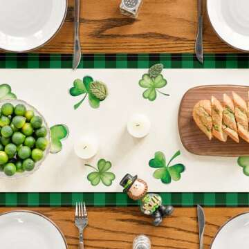 Artoid Mode Buffalo Plaid Gnomes Green Heart Shamrock St. Patrick's Day Table Runner, Seasonal Spring Holiday Kitchen Dining Table Decoration for Indoor Outdoor Home Party Decor 13 x 72 Inch
