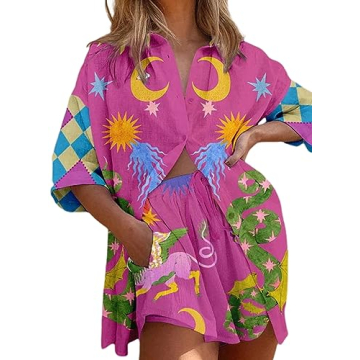 Peaceglad Women's Print 2 Piece Pajama Set | Stylish Loungewear, Pink, M