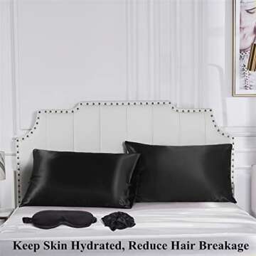 URLINENS Black Satin Pillowcase for Hair and Skin, Vegan Silk Pillowcase Set-2 Satin Pillowcases, 1 Eye Mask, 1 Scrunchie-Luxury Sleep Set, Silky Standard Satin Pillow Cases with Envelope Closure