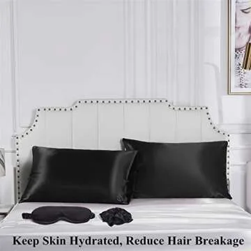URLINENS Black Satin Pillowcase for Hair and Skin, Vegan Silk Pillowcase Set-2 Satin Pillowcases, 1 Eye Mask, 1 Scrunchie-Luxury Sleep Set, Silky Standard Satin Pillow Cases with Envelope Closure