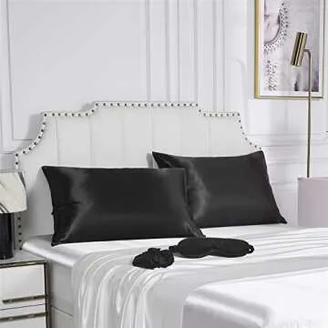 URLINENS Black Satin Pillowcase for Hair and Skin, Vegan Silk Pillowcase Set-2 Satin Pillowcases, 1 Eye Mask, 1 Scrunchie-Luxury Sleep Set, Silky Standard Satin Pillow Cases with Envelope Closure