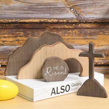 FESTGLOX Empty Tomb Easter Scene and Cross Decoration, Wood Easter Resurrection Scene for Tiered Tray, Jesus Nativity Scene Decor for Religious Decorations, Home Office Tabletop, Shelf Decor