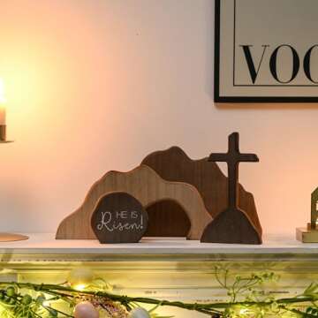 FESTGLOX Empty Tomb Easter Scene and Cross Decoration, Wood Easter Resurrection Scene for Tiered Tray, Jesus Nativity Scene Decor for Religious Decorations, Home Office Tabletop, Shelf Decor