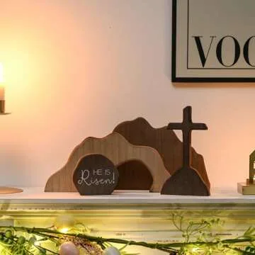 FESTGLOX Empty Tomb Easter Scene and Cross Decoration, Wood Easter Resurrection Scene for Tiered Tray, Jesus Nativity Scene Decor for Religious Decorations, Home Office Tabletop, Shelf Decor