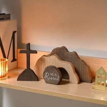 FESTGLOX Empty Tomb Easter Scene and Cross Decoration, Wood Easter Resurrection Scene for Tiered Tray, Jesus Nativity Scene Decor for Religious Decorations, Home Office Tabletop, Shelf Decor