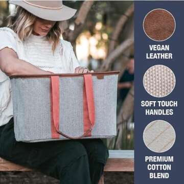 CleverMade Collapsible LUXE Tote, Rose Herringbone - 30L (8 Gal) Structured Tote Bag with Handles and Reinforced Bottom - Reusable Grocery Bag, Shopping Bag, Utility Tote Bag