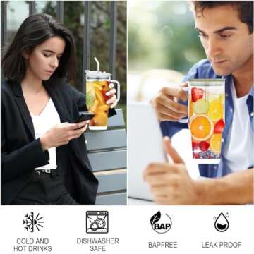 AiHeart 32 oz Glass Tumbler with Handle,Drinking Glasses with Straws and Bamboo Lid,Large Capacity Glass Water Bottles with Plastic lid, Iced Coffee Cup with Silicone Coaster(White)