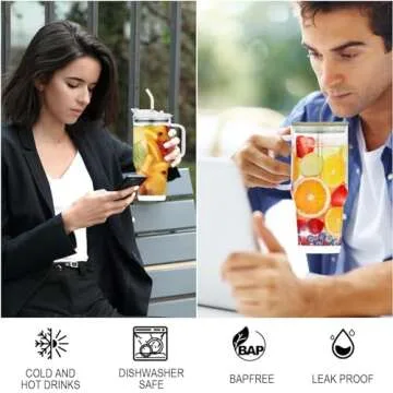 AiHeart 32 oz Glass Tumbler with Handle,Drinking Glasses with Straws and Bamboo Lid,Large Capacity Glass Water Bottles with Plastic lid, Iced Coffee Cup with Silicone Coaster(White)