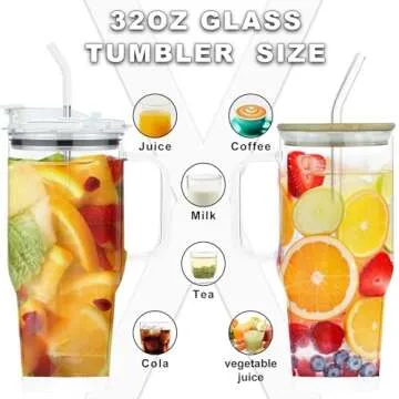 AiHeart 32 oz Glass Tumbler with Handle,Drinking Glasses with Straws and Bamboo Lid,Large Capacity Glass Water Bottles with Plastic lid, Iced Coffee Cup with Silicone Coaster(White)