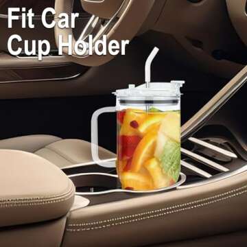 AiHeart 32 oz Glass Tumbler with Handle,Drinking Glasses with Straws and Bamboo Lid,Large Capacity Glass Water Bottles with Plastic lid, Iced Coffee Cup with Silicone Coaster(White)