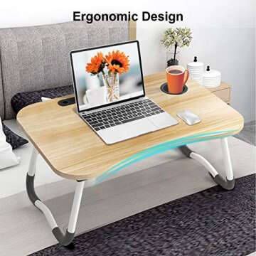 Lap Desk Foldable Bed Table Portable Multi-Function Lap Bed Tray Table with Storage Drawer and Cup Slot, Notebook Stand Breakfast Bed Tray for Sofa, Bed, Terrace, Balcony, Garden