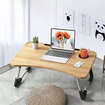 Lap Desk Foldable Bed Table Portable Multi-Function Lap Bed Tray Table with Storage Drawer and Cup Slot, Notebook Stand Breakfast Bed Tray for Sofa, Bed, Terrace, Balcony, Garden