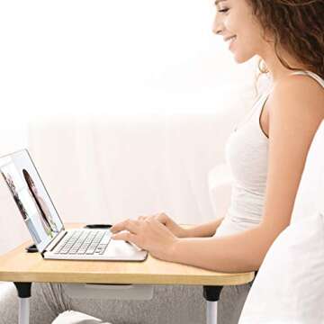 Lap Desk Foldable Bed Table Portable Multi-Function Lap Bed Tray Table with Storage Drawer and Cup Slot, Notebook Stand Breakfast Bed Tray for Sofa, Bed, Terrace, Balcony, Garden