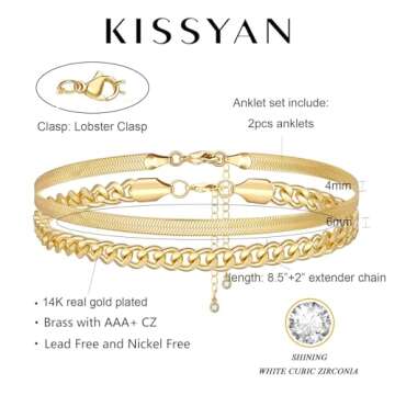 KissYan Gold Layered Ankle Bracelets for Women, Dainty 14k Gold Plated Layering Anklets Set Adjustable Fashion Cuban Link Snake Tennis Chain Ankles Summer Beach Foot Jewelry