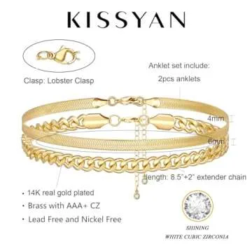KissYan Gold Layered Ankle Bracelets for Women, Dainty 14k Gold Plated Layering Anklets Set Adjustable Fashion Cuban Link Snake Tennis Chain Ankles Summer Beach Foot Jewelry