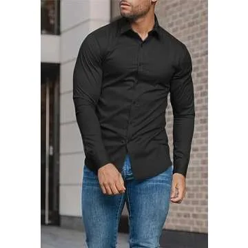 EOUOSS Men’s Muscle Fit Dress Shirts Athletic Slim Fit Long Sleeve Stretch Wrinkle-Free Casual Button Down Shirt Black Medium