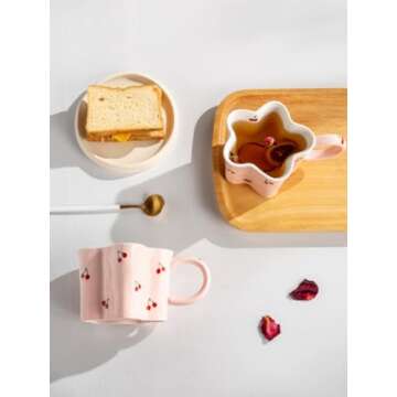 Cherry Ceramic Coffee Mug for Women: 10 Oz Flower Tea Cup with Handle, Pink Girly Aesthetic Mug, Dis...