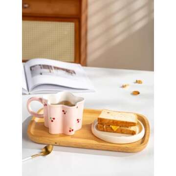 Cherry Ceramic Coffee Mug for Women: 10 Oz Flower Tea Cup with Handle, Pink Girly Aesthetic Mug, Dishwasher and Microwave Safe Perfect for Mothers Day Gifts Gift Ideal for Coffee Tea Lovers