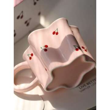 Cherry Ceramic Coffee Mug for Women: 10 Oz Flower Tea Cup with Handle, Pink Girly Aesthetic Mug, Dishwasher and Microwave Safe Perfect for Mothers Day Gifts Gift Ideal for Coffee Tea Lovers