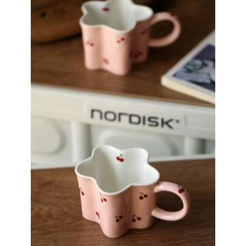 Cherry Ceramic Coffee Mug for Women: 10 Oz Flower Tea Cup with Handle, Pink Girly Aesthetic Mug, Dishwasher and Microwave Safe Perfect for Mothers Day Gifts Gift Ideal for Coffee Tea Lovers